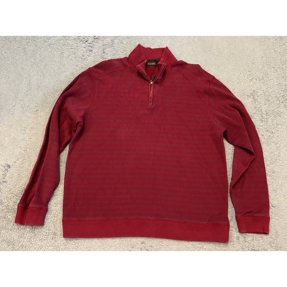 Tasso Elba Sweater 1/4 Zip 100% Cotton Mens Large Maroon Knit Striped Pullover